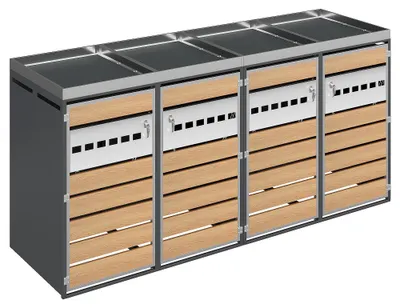 Immagine prodotto di Contenitore per rifiuti a quattro scomparti - Grigio, legno e acciaio - Struttura in metallo - 123x68x14 cm