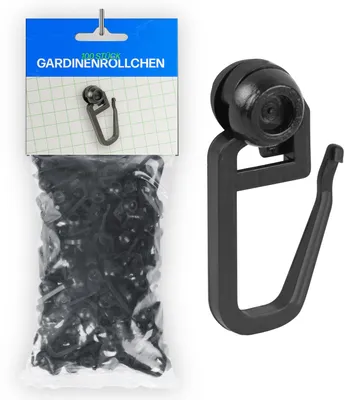 Immagine prodotto di 100 cursori per tende, modello a scorrimento interno da 4-6 mm, colore nero. Cursori per tende con gancio per creare pieghe, adatti per nastri a pieghe, nastri universali e altri tipi di tessuto. Facili da usare, silenziosi, prodotti in Europa