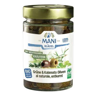Obrázok produktu pre Zelené olivy a olivy Kalamata - al naturale s bylinkami 175g