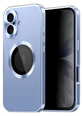A blue iPhone case with a silver metallic frame is shown diagonally, with the screen side facing the viewer.