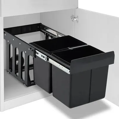 Imagen del producto de Contenedor de residuos de 36 litros, para instalación en armario de cocina, sistema de separación de residuos de doble compartimento con sistema de cierre suave, cajón extraíble para la separación de residuos, color