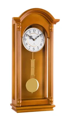 A wooden pendulum clock with a white face and gold pendulum.