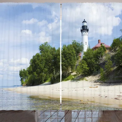 Produktbild von ARANDE Vintage Strand Gardine, Foto der Bäume Leuchtturm auf einem Strand bewölkten Himmel Ruhe Natur Landschaft Kunst, 280 x 260 cm, Mehrfarbig
