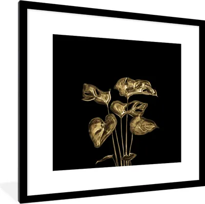 Produktbild von MuchoWow® MuchoWow® Gerahmtes Poster Blätter - Gold - Pflanzen 40x40 cm - Poster mit zchwarzem Bilderrahmen - Poster - Plakat im Rahmen