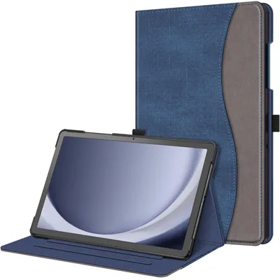 A tablet in a blue and gray folio case, propped up on a white background.