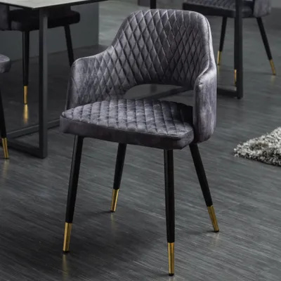 Produktbild von riess-ambiente Design Stuhl PARIS grau Samt mit Armlehnen Ziersteppung goldene Fußkappen gepolstert Esszimmertstuhl Essstuhl Konferenztstuhl