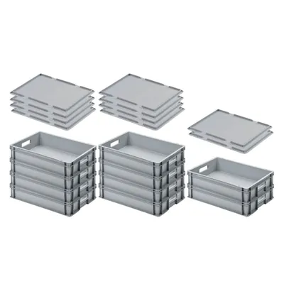 Produktbild von SuperSparSet 10x Eurobehälter mit offenem Griff & Auflagedeckel | HxBxT 12x40x60cm | 21 Liter | Grau | Eurobox, Transportbox, Transportbehälter, Stapelbehälter