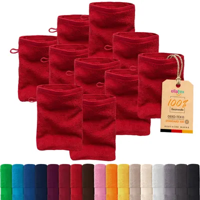 Produktbild von 10er Pack EllaTex Waschhandschuhe 15x21 cm 100% Baumwolle, 500 g/m² Handtücher Set weich saugstark Serie Paris, in Farbe: Rubinrot