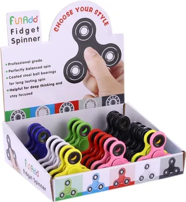 Productafbeelding van 24 stuks FunAdd fidget spinners in verschillende kleuren, stressverlichtende en anti-angst speelgoed, met displaystandaard in een doos. Draaitijd: 1,5 minuten