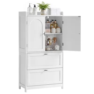 Zdjęcie produktu dla Szafka łazienkowa Yaheetech z 2 drzwiami i 2 szufladami, podwyższoną krawędzią, regulowaną półką, wymiary 60 x 30 x 115 cm, kolor biały