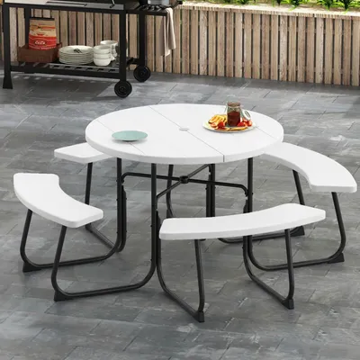 Obrázek produktu pro Piknikový stůl pro 8 osob se 4 lavicemi, sada zahradního nábytku φ110 cm s otvorem pro slunečník, odolný proti povětrnostním vlivům, HDPE a kovový rám, 225 kg na jedno místo (bílý)
