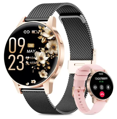 Zdjęcie produktu dla Inteligentny zegarek damski z dotykowym wyświetlaczem HD, okrągły, z funkcją telefonu, monitor pulsu 24h, monitor snu, ponad 100 trybów sportowych, kompatybilny z Androidem, kolor: złoty/czarny