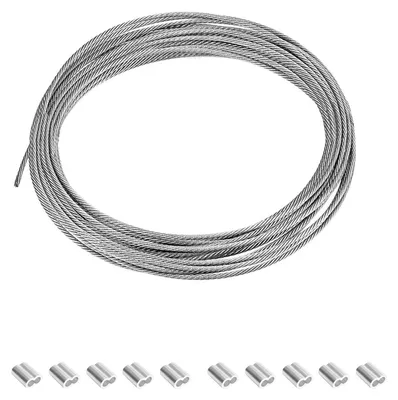 Imagen del producto de Cable de acero inoxidable, 20 metros de longitud y 3 mm de diámetro, con 10 abrazaderas de aluminio, para uso en exteriores