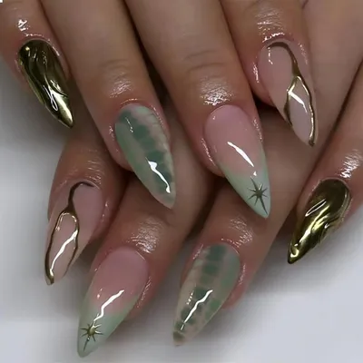 Image de 30 pièces vert clair French Tip Press On Ongles Moyen Amande Automne Or Plein Couverture Rose Faux Ongles