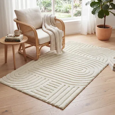 Obrázek produktu pro SONGMICS Koberec do obývacího pokoje, 3D geometrický vzor, protiskluzový a omyvatelný, rozměry 150 x 80 x 1 cm, krémově bílá barva