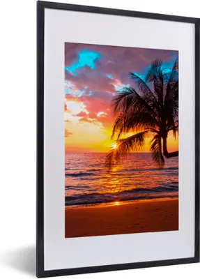 Produktbild von MuchoWow® Gerahmtes Poster Palme - Sonnenuntergang - Strand - Meer - Horizont 40x60 cm - Poster mit Schwarzem Bilderrahmen Wandposter Rahmen Foto Bilder - Poster in Rahmen