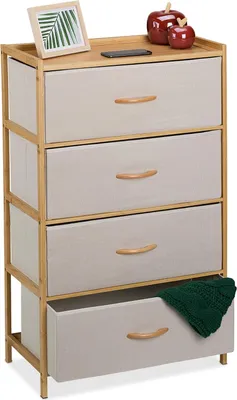 Produktbild von Relaxdays Kommode, Bambus, 4 Stoffschubladen, Flur, Schlafzimmer, HBT 94 x 58 x 32,5 cm, Schubladenschrank, natur/beige