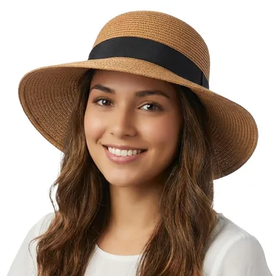 Produktbild von Strohhut Damen Sommer mit Breiter Krempe UV-Schutz 56-58 Khaki