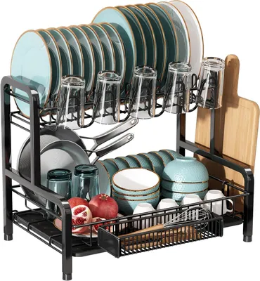 Immagine prodotto di Set per scolapiatti - Organizzatore per lavello - Contenitore per la cucina - Acciaio inossidabile - 2 ripiani - Nero
