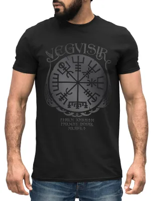 Produktbild von Herren T-Shirt Vegvisir Runenkompass nordischer Kompass Wikinger Nordmänner Mythologie Neverless® schwarz-grau M