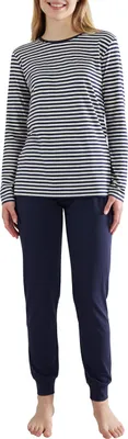 Produktbild von Götzburg Damen Schlafanzug Langarm - 100% Baumwolle, Winter Pyjama Set, Gestreift, Pyjamahose mit Bündchen Größe: 46