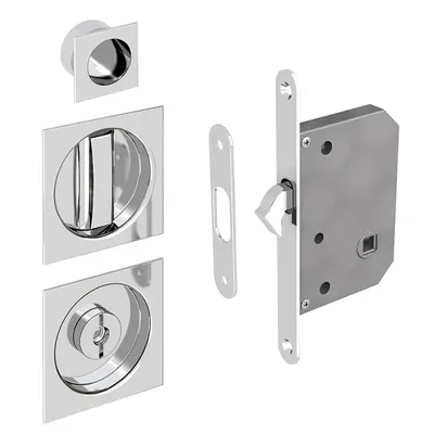Produktbild von WC Hakenschloss Set für Schiebetüren, eckige Türrosette mit Griffmulde, Badezimmerschloss, Einsteckschloss, silber verchromt