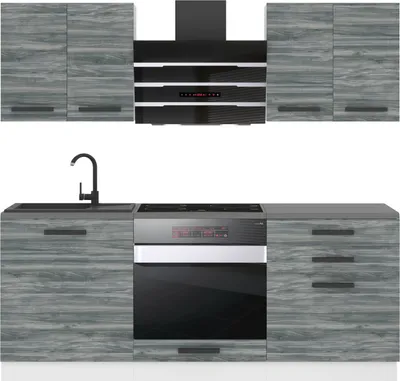 Produktbild von Belini Küchenzeile Mary Glamour Wood, 180 cm breit, Vollausstattung, ohne Elektrogeräte, mit Hänge- und Unterschränken, ohne Arbeitsplatten, beliebig zusammenstellbar, Metallschubladen, Spanplatte 16/28mm, Melaminharzbeschichtung, HPL Schichtstoff, 6-teilig