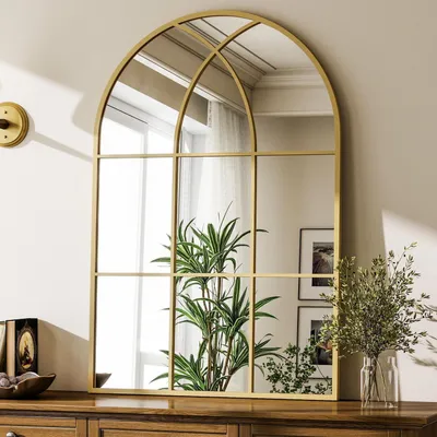 Produktbild von Wandspiegel Bogen 60 x 90 cm Fischgrätenrahmen Gold gehärtetes Glas