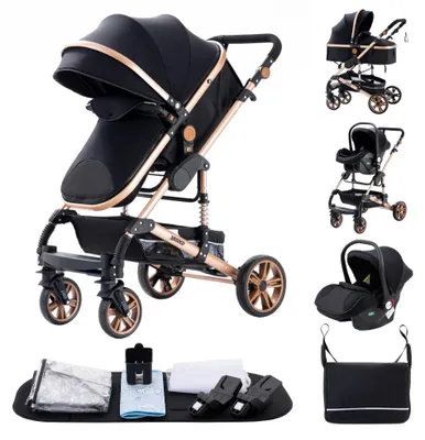 Image de Poussette combinée - Modèle 530 - 3 en 1 - Pliable - Compatible avec les sièges auto - De la naissance à 3 ans - Capacité de charge supérieure à 20 kg - Or/Noir