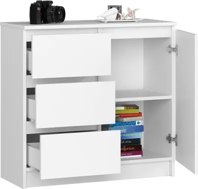 Zdjęcie produktu dla BDW, komoda, 3 szuflady, 1 drzwi, szafka, kredens, biały