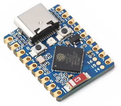 Productafbeelding van Waveshare ESP32-S3 Mini ontwikkelbord, gebaseerd op de ESP32-S3FH4R2 dual-core processor, met een kloksnelheid van 240 MHz, 2,4 GHz Wi-Fi en Bluetooth 5.0. Het is een module met geëtste contactpunten, geschikt voor SMD-toepassingen – ESP32-S3 Mini