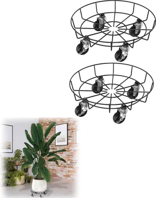 Image de ACXIN 2 pièces rouleur de plantes en métal, 33 cm rond dessous de pot de fleurs avec roulettes verrouillables, fer forgé rouleur de fleurs pour extérieur, intérieur, décoratif, jardin type C