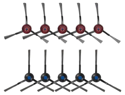 A top-down view of two rows of robot vacuum cleaner side brushes against a white background.