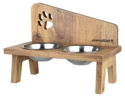 Produktbild von Futternapf für Katzen, 600 ml, Holzständer mit zwei erhöhten Edelstahlschüsseln