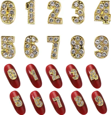 Produktbild von 10 Stück goldene Zahlen-Nagel-Charms, Nageljuwelen, 0–9, Nagel-Strasssteine und Charms, 3D-Nagelkunst-Charms, Nagelbolzen, Nagelschmuck