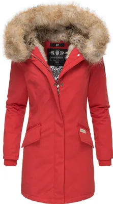 Produktbild von Navahoo Premium Damen Winterjacke Parka Mantel Jacke Kunstfell Gefüttert Kapuze Cristal Rot Gr. 34 - XS