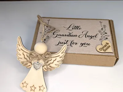Schutzengel Geschenkbox mit Holzengel Ornament 8 cm