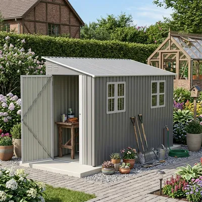 Productafbeelding van Metalen tuinschuur 291 × 110,8 × 188,6 cm, verzinkt staal, aanbouwmodel, afsluitbare deur, 2 ramen, vloerkit
