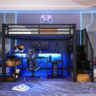Obrázok produktu pre Poschodová posteľ Flieks 90 x 200 cm s písacím stolom a odkladacími priestormi, poschodová posteľ pre mládež s USB a LED, detská poschodová posteľ so schodmi, kovová posteľ čierna
