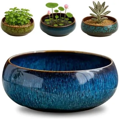 Produktbild von Oncpcare Lotus-Schale Pflanztopf – Keramik Wasserpflanzentopf Heiliger Bonsai-Schale Lotusblume, flache glasierte Vase für Lotussamen, Bonsai, Sukkulenten, Hydroponische Pflanzen (Blau)