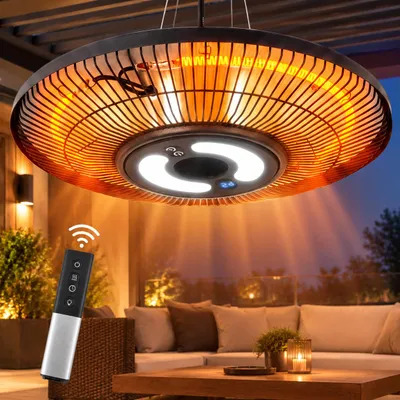 Imagen del producto de Calentador infrarrojo ZMH, modelo redondo, 2000W, para terrazas, con protección IP65, diámetro de 42 cm, 2 en 1 (con luz), pantalla digital, temporizador de 24 horas, control táctil y mando a distancia, ideal para jardín, Imagen generada por IA
