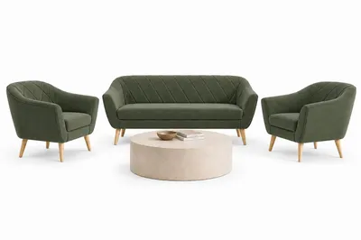Produktbild von SOFELLO Gloria Wohnzimmerset 3+1+1 – gedämpftes Grün Samt Sofa Set mit 2 Sesseln | Skandinavische Couchgarnitur mit Holzfüßen