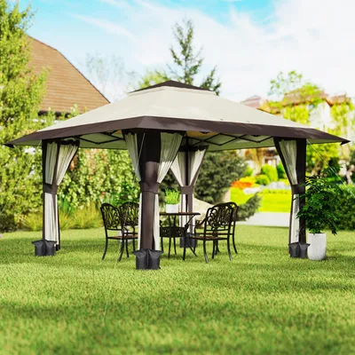 Produktbild von Faltpavillon 4x4 m mit Netzwänden, Gartenpavillon Partyzelt UPF50+, Pop-Up Metallgestell Oxford-Dach, Beige | 400x400x288 cm | 3 Höhen | 18,7 kg