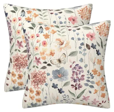 Produktbild von 2er Set Kissenbezug 50 x 50 cm Kunst Aquarell Blumen Blatt Kissenhülle Dekokissen Frühling Sommer