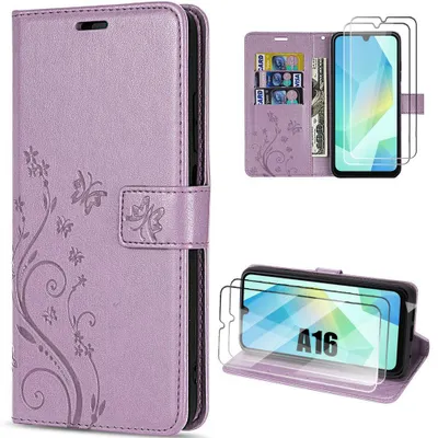 Image de Coque + 2 Verres Trempés pour Samsung Galaxy A16 4G/5G, Protection Antichoc CuirPolyuréthaneViolet Motif Relief Floral