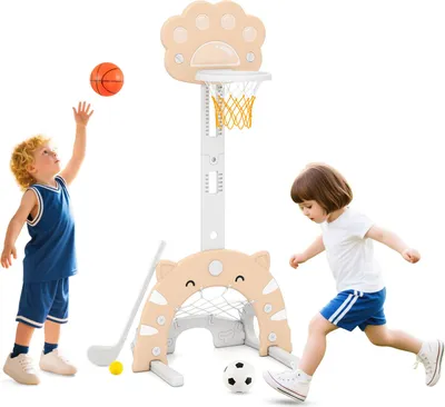 Produktbild von GOPLUS 3-in-1 Basketballkorb für Kinder, höhenverstellbarer Basketballkörbe mit Basketball, Fußball & Golfspiel, Spielset für Indoor & Outdoor