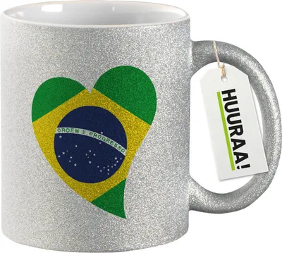 Produktbild von Huuraa Glitzertasse Brasilien Flagge Herz 330ml Silber Keramik Kaffeebecher Geschenkidee
