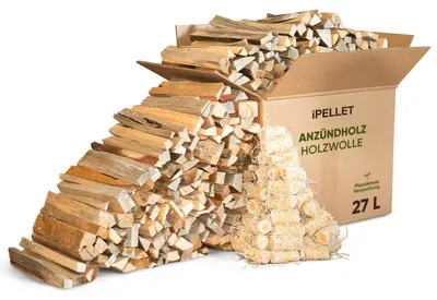 Zdjęcie produktu dla Drewno rozpałkowe sosna 27 litrów, 7 kg, z podpałkami z wełny drzewnej, do kominka