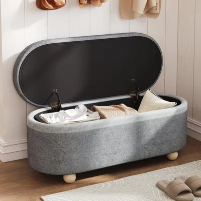 Produktbild von Sitzbank mit Stauraum Grau 110 cm Polsterbank Fleece-Bezug Sitztruhe mit Holzbeinen Aufbewahrungsbox Betttruhe für Schlafzimmer Flur Bank