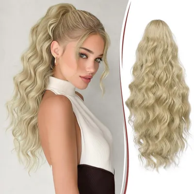 Produktbild von Haarteil Pferdeschwanz mit Klammer, 50 cm lockig wellig, Synthetik, warmes Blond mit Highlights